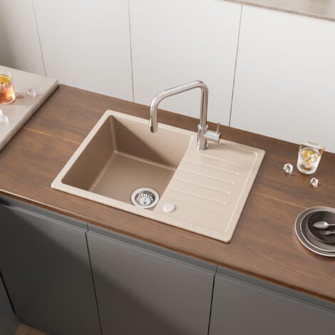 CECIPA Lavello cucina con gocciolatoio - Colore Avena 65 x 45 cm Lavello da incasso in quarzo e resina - Lavello 1 vasca con ripiano