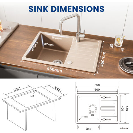 CECIPA Lavello cucina con gocciolatoio - Colore Avena 65 x 45 cm Lavello da incasso in quarzo e resina - Lavello 1 vasca con ripiano
