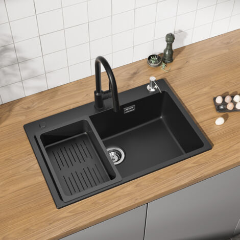 Cecipa Lavello Cucina 70x45 cm Nero con Piletta e Dispenser Sapone, Lavello 1 Vasca in Quarzo e Resina Grande Capacità
