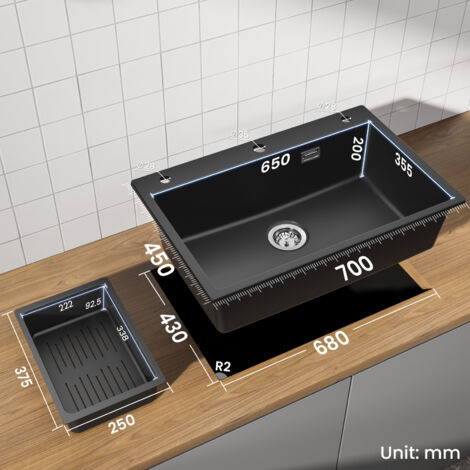 Cecipa Lavello Cucina 70x45 cm Nero con Piletta e Dispenser Sapone, Lavello 1 Vasca in Quarzo e Resina Grande Capacità