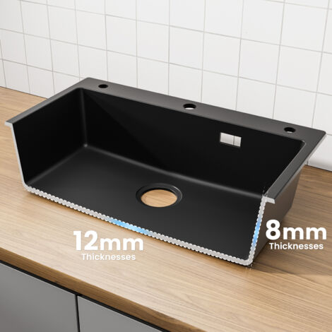 Cecipa Lavello Cucina 70x45 cm Nero con Piletta e Dispenser Sapone, Lavello 1 Vasca in Quarzo e Resina Grande Capacità