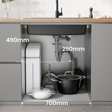Cecipa Lavello Cucina 70x45 cm Nero con Piletta e Dispenser Sapone, Lavello 1 Vasca in Quarzo e Resina Grande Capacità