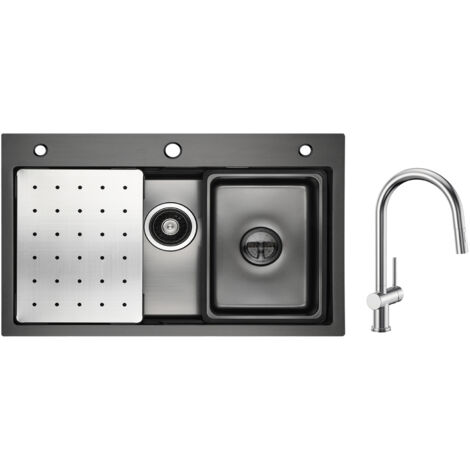Lavello Cucina 2 Vasche In Acciaio Inox Con Rubinetto Estraibile | Nero, 82x45cm Con Dosatore Sapone - Foto 11