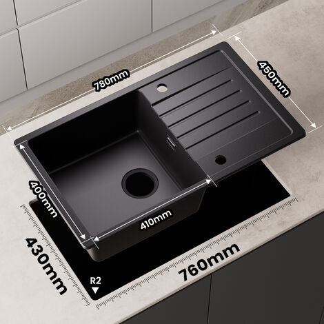 Fregadero de cocina 78 x 45 cm, fregadero de granito, fregadero negro con escurridor