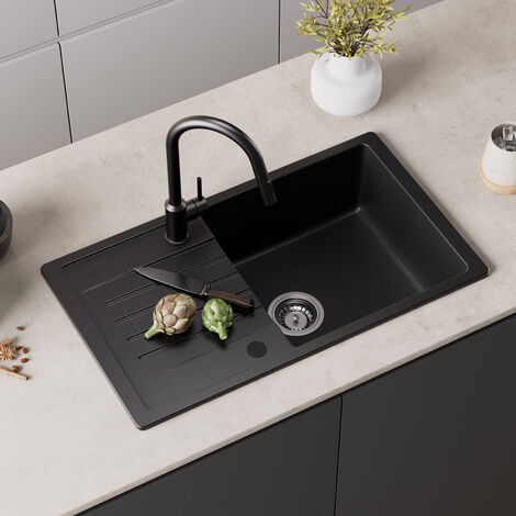 Fregadero de cocina 78 x 45 cm, fregadero de granito, fregadero negro con escurridor