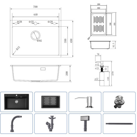CECIPA Fregadero de granito Fregadero de cocina Fregadero negro de 70x45 cm con dispensador de jabón y escurridor