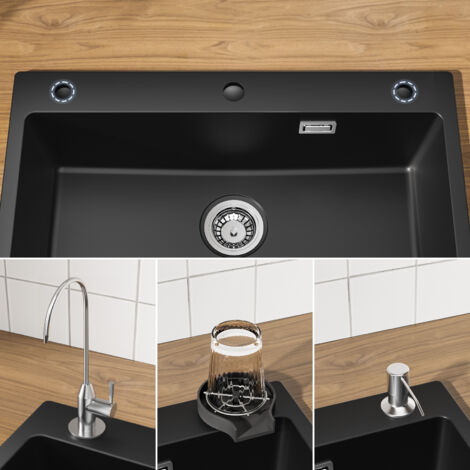CECIPA Fregadero de granito Fregadero de cocina Fregadero negro de 70x45 cm con dispensador de jabón y escurridor