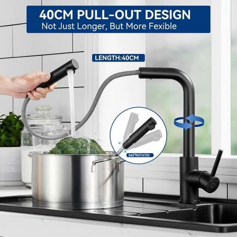 Lonheo Grifo de cocina fregadero cocina giratorio a 360° Mezclador  monomando con Ducha Extraíble hasta 40cm, Negro