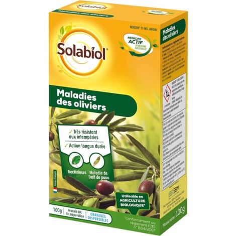 Produit contre maladies des oliviers – Oxyde cuivreux – Protection durable contre mildiou et bactérioses – Dosage flexible 5 à 16g/3L – Solabiol