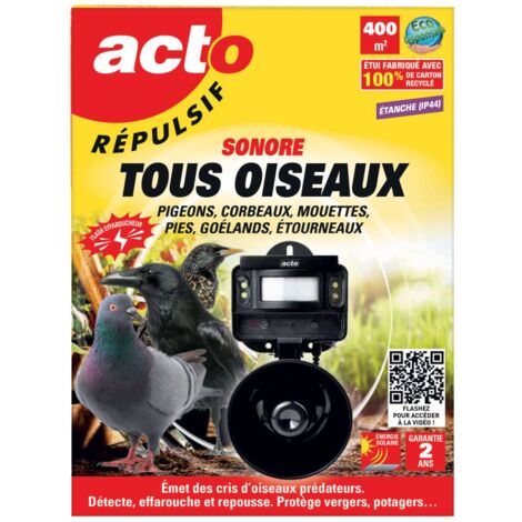 Répulsif sonore pour oiseaux – Alimentation solaire – Surface d'action jusqu'à 400 m² – Modes FIXE et AUTO – 670 g – Acto (1/5)
