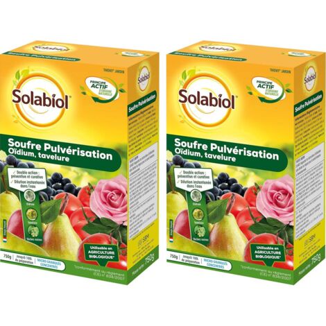 Lot de 2 boîtes de souffre pulvérisation 750g – Teneur en soufre 80% – Double action préventive et curative – Application homogène – Solabiol