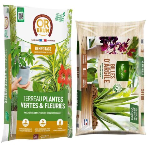 Terreau Or Brun Plantes Vertes 20L + Billes d'argile : Rempotage facile et durable (1/3)