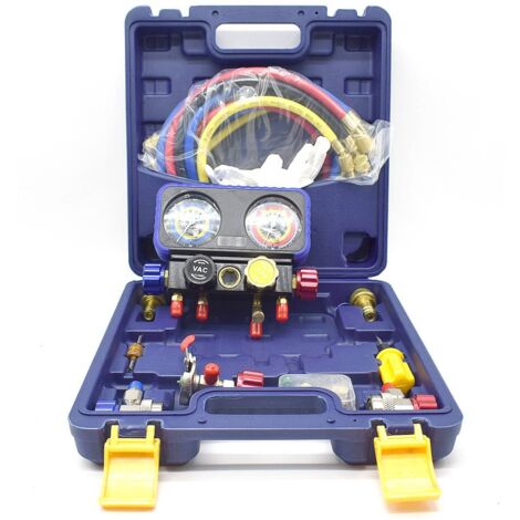 Multitanks – Manifold 4 voies pour R1234YF, R134a et R404a – Pression max 4000 psi – Livré avec 3 tuyaux 1,5m et 2 raccords – Pour maintenance frigorifique