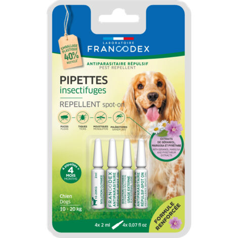4 Pipettes Insectifuges pour Chiens de 10 kg à 20 kg formule renforcée - Francodex (1/3)