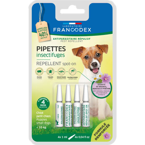 4 Pipettes Insectifuges Chiots, petits Chiens de moins de 10 kg formule renforcée - Francodex (1/3)