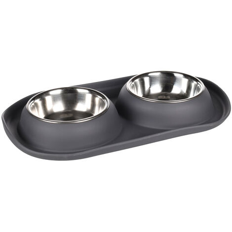 Gamelle Duo Grafa Ovale Gris foncé 2 x 220 ml pour l'eau et la nourriture pour petit chien - Flamingo (1/3)