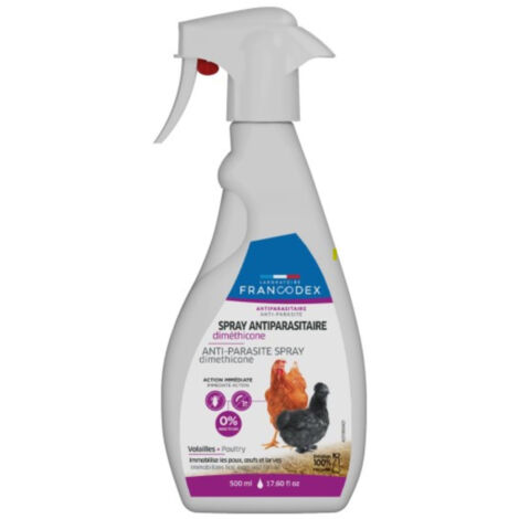 Spray antiparasitaire diméthicone 500 ml pour volailles – Élimination rapide des poux et larves – Enrichi en Aloe Vera pour plumage éclatant – Francodex