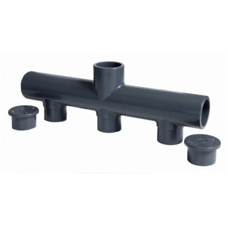 Collecteur PVC pression à coller Ø 50 mm – 5 sorties femelles – 1 entrée mâle – Longueur 39 cm – Pression 16 bars – Jardiboutique