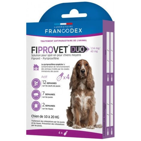 4 pipettes anti puces fiprovet duo pour petit chien 10 a 20 kg - Francodex