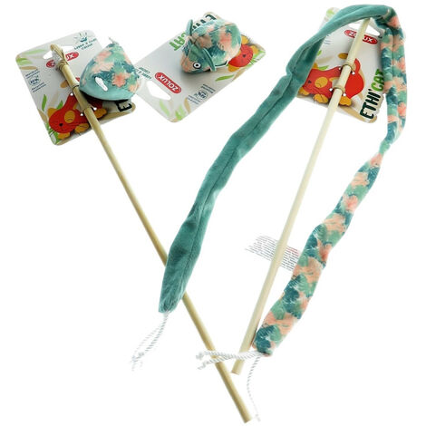 2 canne à pêche et 1 souris tissu feuille vert, jouet pour chat - animallparadise (1/4)