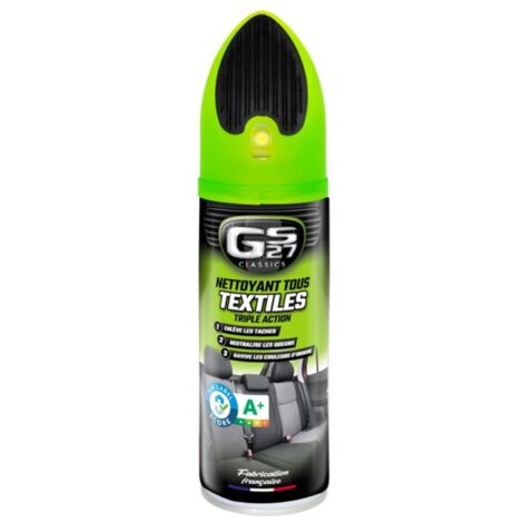 Nettoyant tous textiles triple action 400 ml – Élimine taches et odeurs – Brosse spécifique pour moquettes et sièges – Ravive couleurs – Gs27