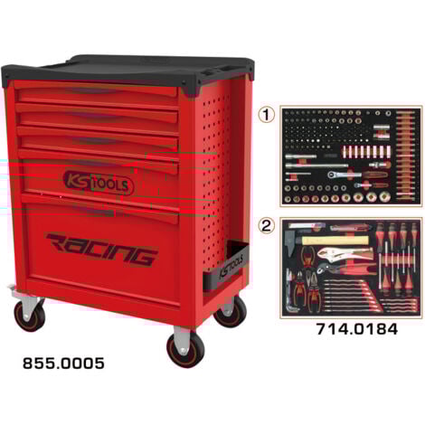 KS Tools - Servante 5 tiroirs équipée  184 outils RACING - servante d'atelier complète - desserte outils - 855.5184