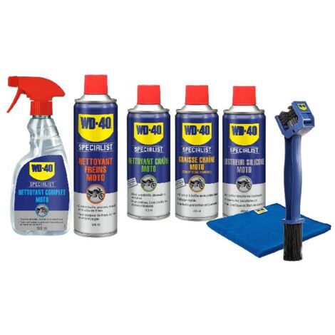 Wd-40 – Kit d'entretien complet moto – 5 produits 400ml/500ml – Nettoyant chaîne, graisse, nettoyant freins, lustreur silicone – Brosse et chiffon microfibre