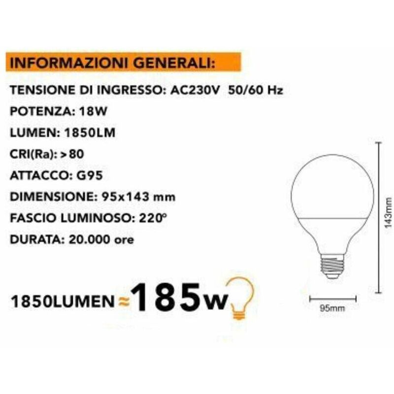 Lampadina Led 18 W Lampada Globo Sfera Luce Bianca 6500k Attacco E27 G95