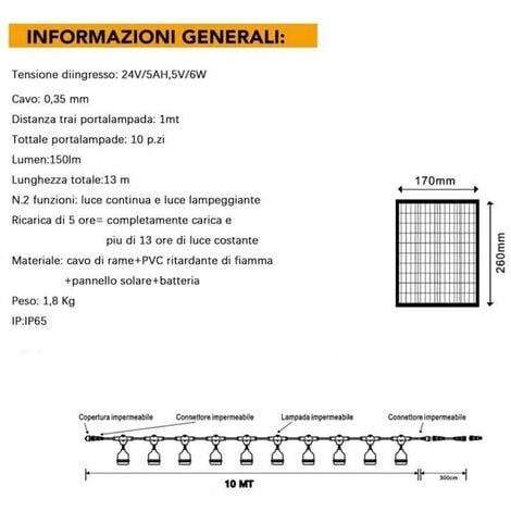 Catena Luminosa Pannello Solare 10 Lampadine Lampad. E27 Imperm. Ip65 S20a-10m