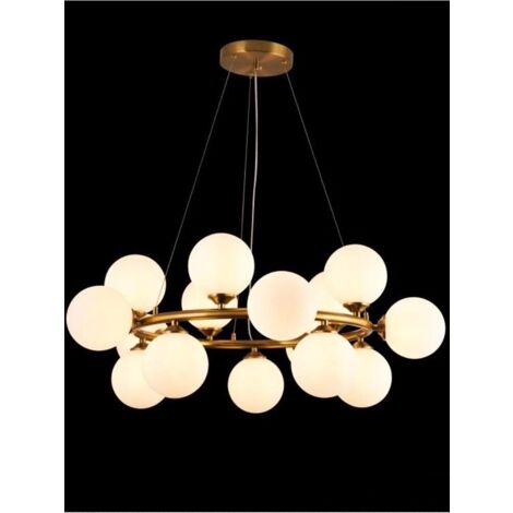 Lampadario A Sospensione In Metallo Bronzo Con 15 Sfere Sfera Bianca Attacco G9