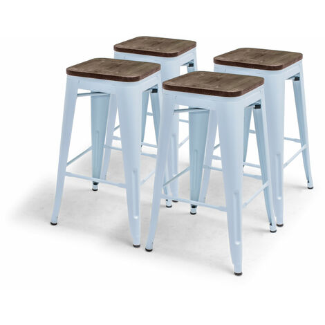 Kosmi - Set 4 Sgabelli Da Bar In Metallo Bianco Opaco E Legno Chiaro - Stile Industriale - H46 Cm
