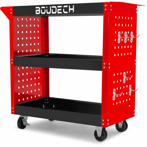 Troller - Carrello da officina a 3 ripiani, pannelli forati laterali e 12 ganci, ruote autobloccanti, superfice di lavoro con tappetino antiscivolo