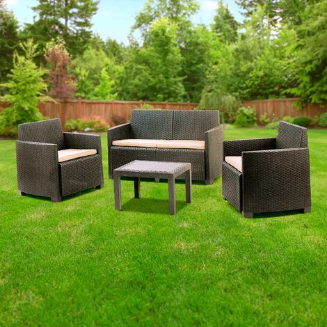 Salottino da esterno giardino HWC-G17a polyrattan legno chiaro antracite  con cuscini decorativi