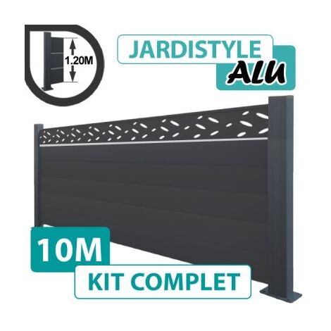 Kit Clôture Aluminium Gris Anthracite 10M - Design avec liseré - Sur Platines - 1,20 mètre