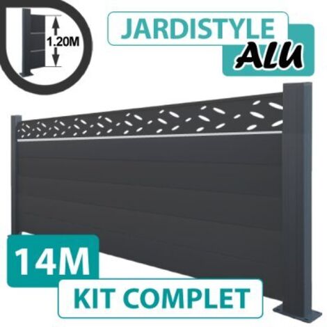 Kit Clôture Aluminium Gris Anthracite 14M - Design avec liseré - Sur Platines - 1,20 mètre