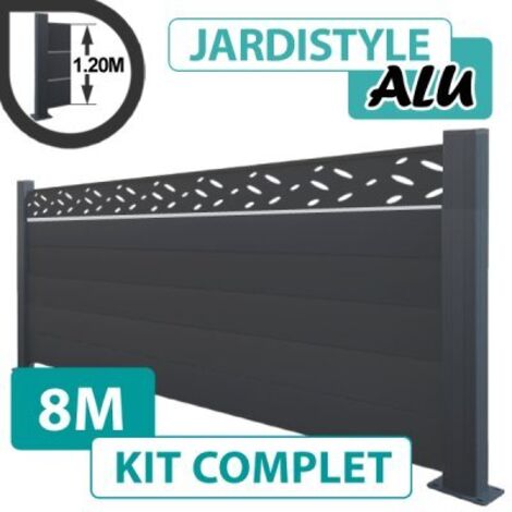 Kit Clôture Aluminium Gris Anthracite 8M - Design avec liseré - Sur Platines - 1,20 mètre