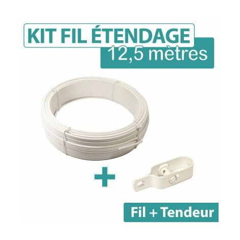 Cloture & Jardin – Fil d'étendage plastifié blanc 12,5 m – Diamètre 2,75 mm – Tendeur n°3 pour forte charge – Installation intérieure/extérieure