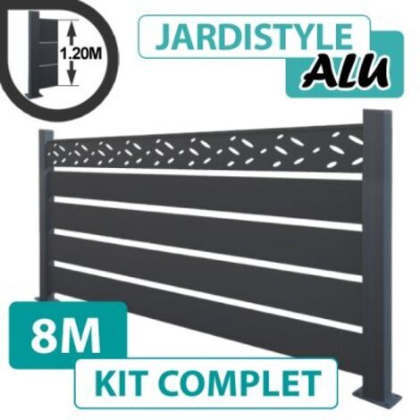Cloture & Jardin – Clôture aluminium gris anthracite 8m – Lames 2m x 20cm – Poteaux renforcés 7,2 x 7,2cm – Installation sur platines – Garantie 10 ans