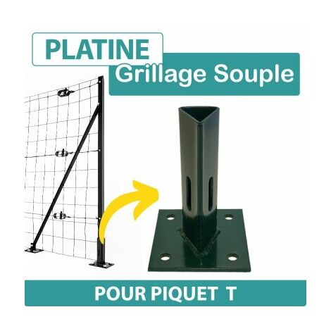 Cloture & Jardin – Platine de fixation pour piquet T – Acier galvanisé thermolaqué vert – Dimensions 10x10cm, hauteur 14,5cm – Fixation par vis béton 8x75mm