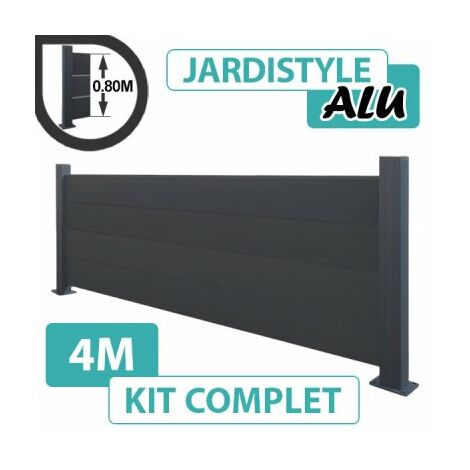Kit Clôture Aluminium Gris Anthracite 4M - Pleine - Sur Platines - 0,80 mètre