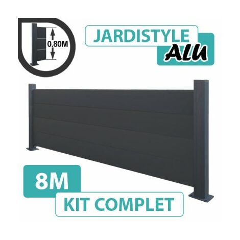 Kit Clôture Aluminium Gris Anthracite 8M - Pleine - Sur Platines - 0,80 mètre