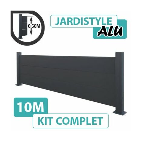 Cloture & Jardin – Clôture aluminium pleine 10m – Gris anthracite RAL 7016 – Installation rapide sur platines – Hauteur 0,60 m pour muret ou dalle béton (1/4)