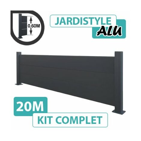 Cloture & Jardin – Clôture aluminium gris anthracite 20m – Hauteur 0,60m – Panneaux pleins sur platines – Installation rapide sur muret ou dalle béton