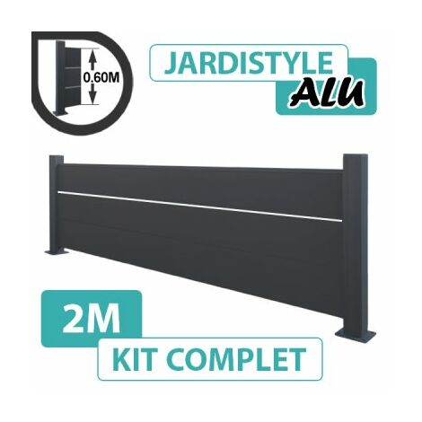 Kit Clôture Aluminium Gris Anthracite 2M - Pleine avec liseré - Sur Platines - 0,60 mètre