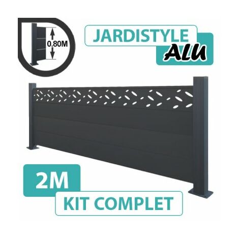 Kit Clôture Aluminium Gris Anthracite 2M - Design - Sur Platines - 0,80 mètre
