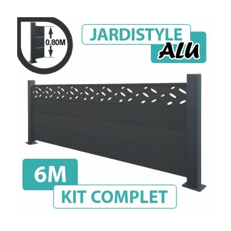 Kit Clôture Aluminium Gris Anthracite 6M - Design - Sur Platines - 0,80 mètre
