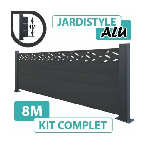 Kit Clôture Aluminium Gris Anthracite 8M - Design - Sur Platines - 1 mètre