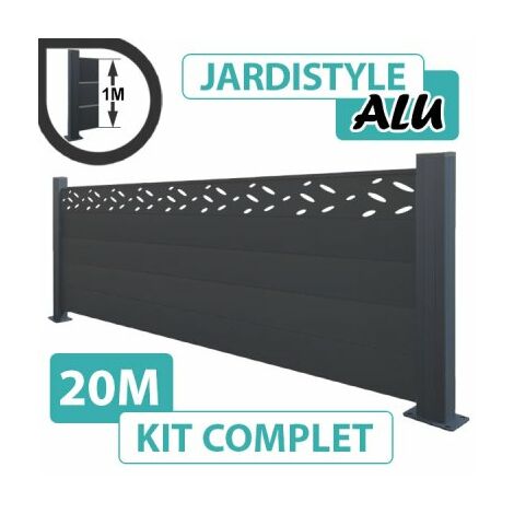 Cloture & Jardin – Kit clôture aluminium gris anthracite 20m – Poteaux renforcés 7,2 x 7,2 cm – Lames 2m x 20cm – Installation rapide sur muret ou dalle