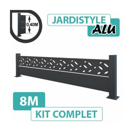 Kit Clôture Aluminium Gris Anthracite 8M - Design avec liseré - Sur Platines - 0,40 mètre