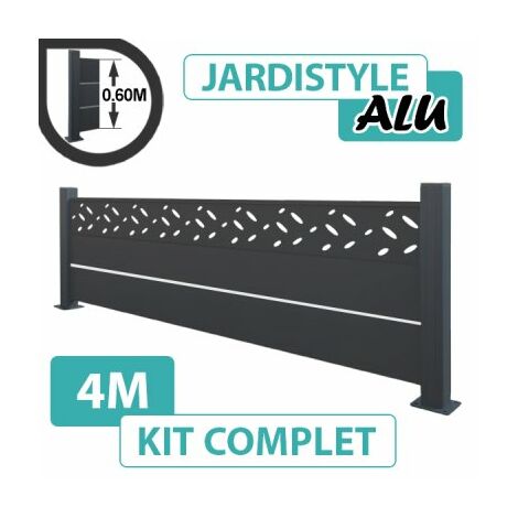 Kit Clôture Aluminium Gris Anthracite 4M - Design avec liseré - Sur Platines - 0,60 mètre